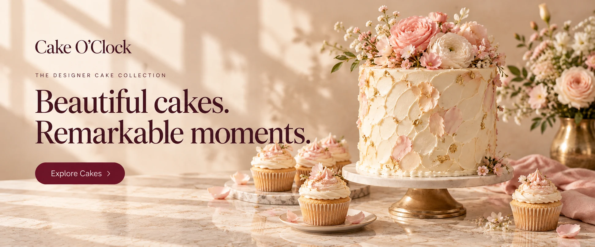 Cake O Clock — The designer cake collection Beautiful cakes. Remarkable moments. Explore cakes. Ivory floral designer cake and matching cupcakes