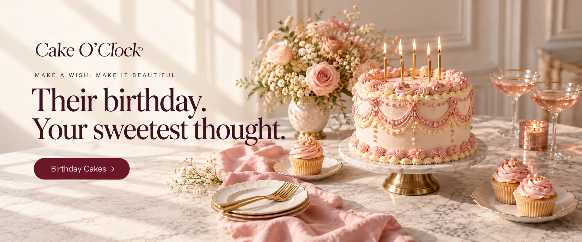 Cake O Clock — Make a wish. Make it beautiful. Their birthday. Your sweetest thought. Birthday cakes. Vintage pink birthday cake with candles and cupcakes