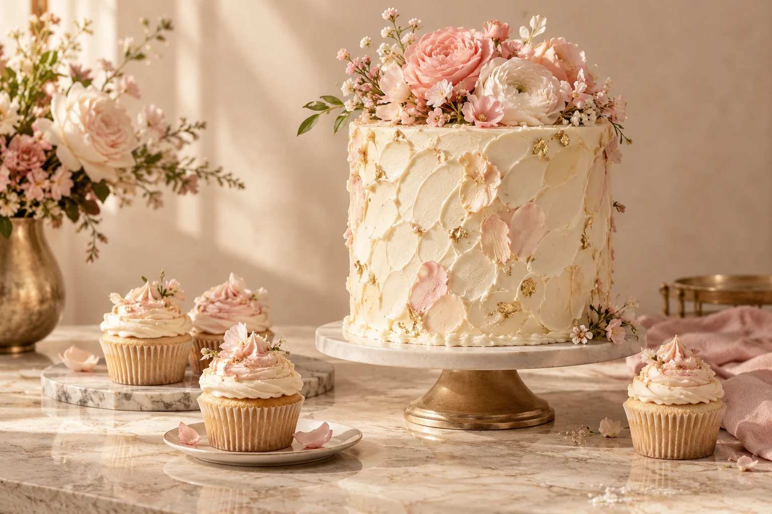 Ivory floral designer cake and matching cupcakes