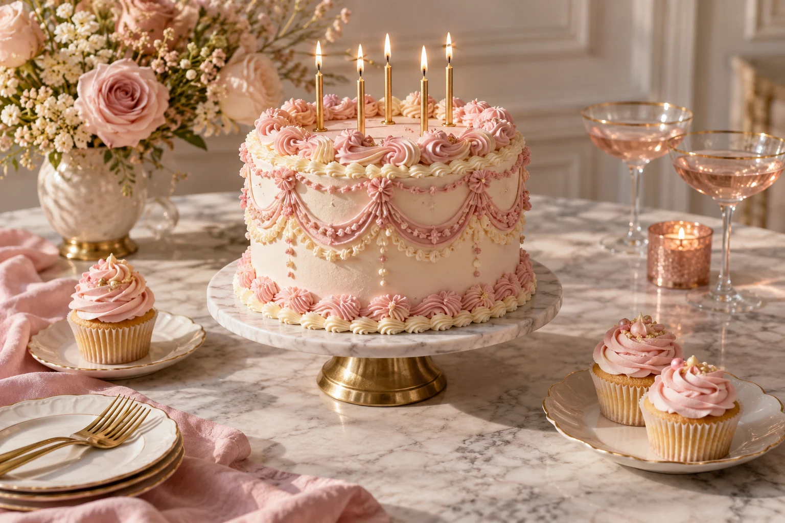Vintage pink birthday cake with candles and cupcakes