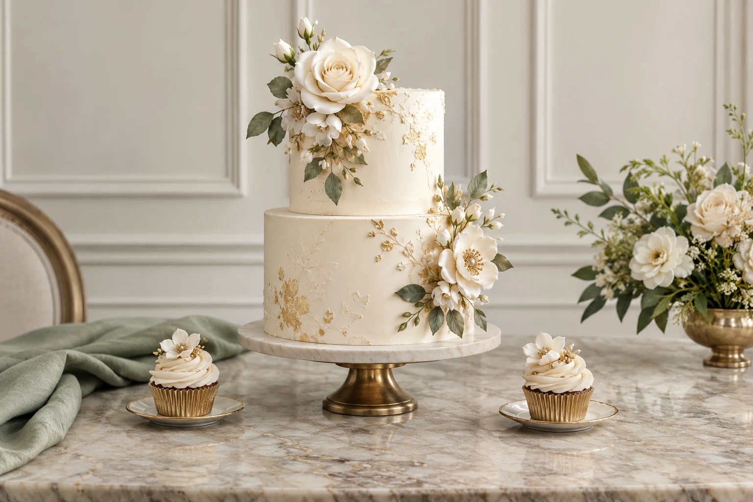 Two tier ivory celebration cake with sugar flowers