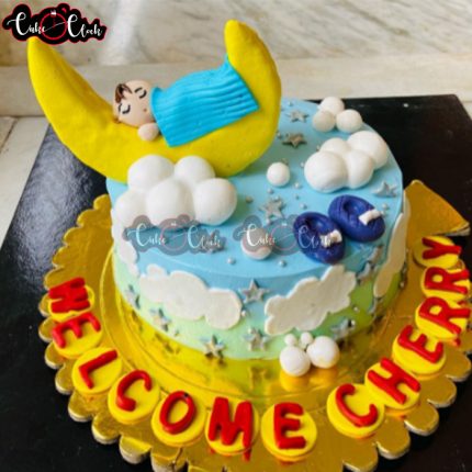 New Born Baby Welcome Cake In Yellow Theme