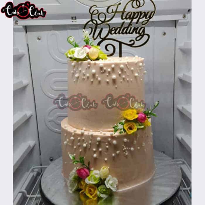 2 Tier Happy Wedding Cake With Yellow Flowers