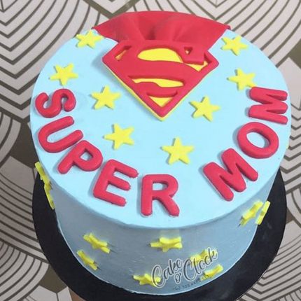 Super mom character with child holding cake Vector Image