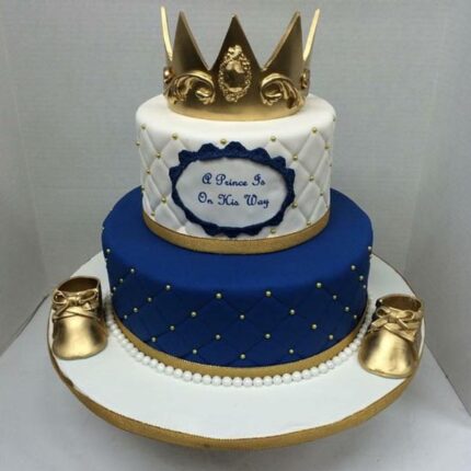 white and blue theme crown cake