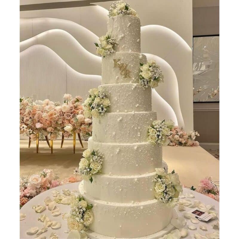 White tiered wedding cake decorated with flowers